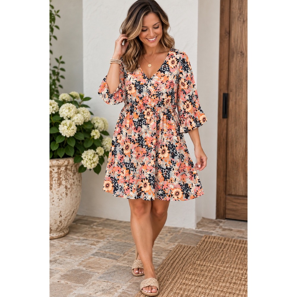 Emery Rose Floral V-Neck Ruffle Sleeve Midi Dress Orange Pink 1XL